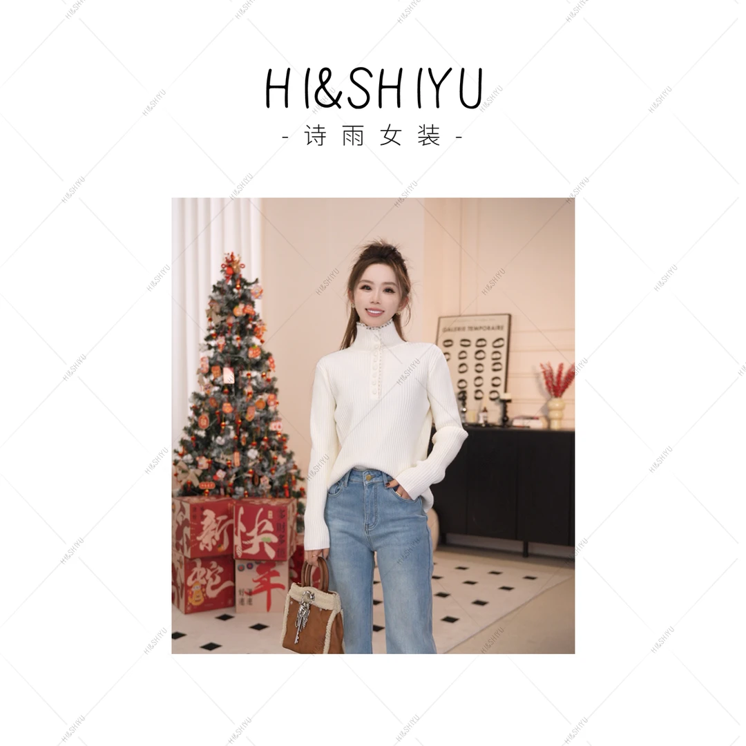 HISHIYU【邂逅云朵】慵懒风拼接花边高领长袖针织毛衣设计感上衣