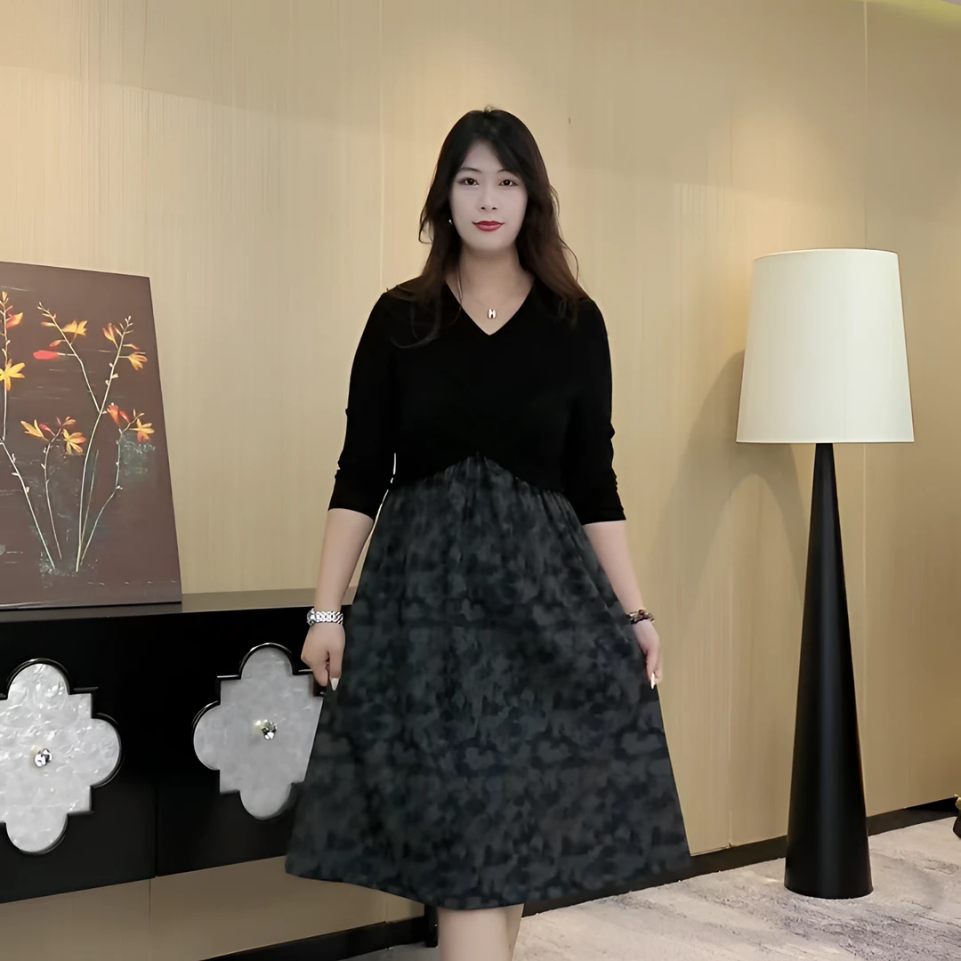 2025秋季大码显瘦假两件V领气质裙子胖mm宽松法式连衣裙241516
