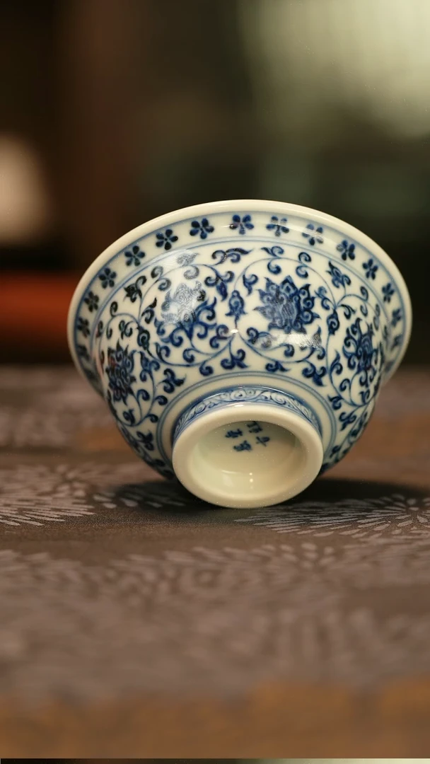 止*仿明青花缠枝莲双狮压手杯