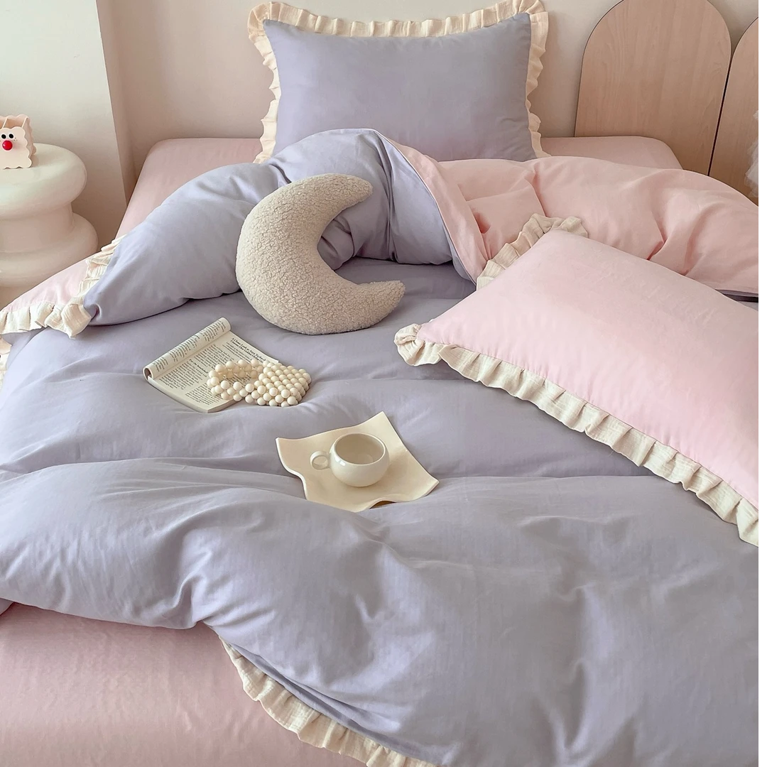 法式花边A类母婴级全棉双层纱四件套奶油风纯色双拼被套床单1.8米