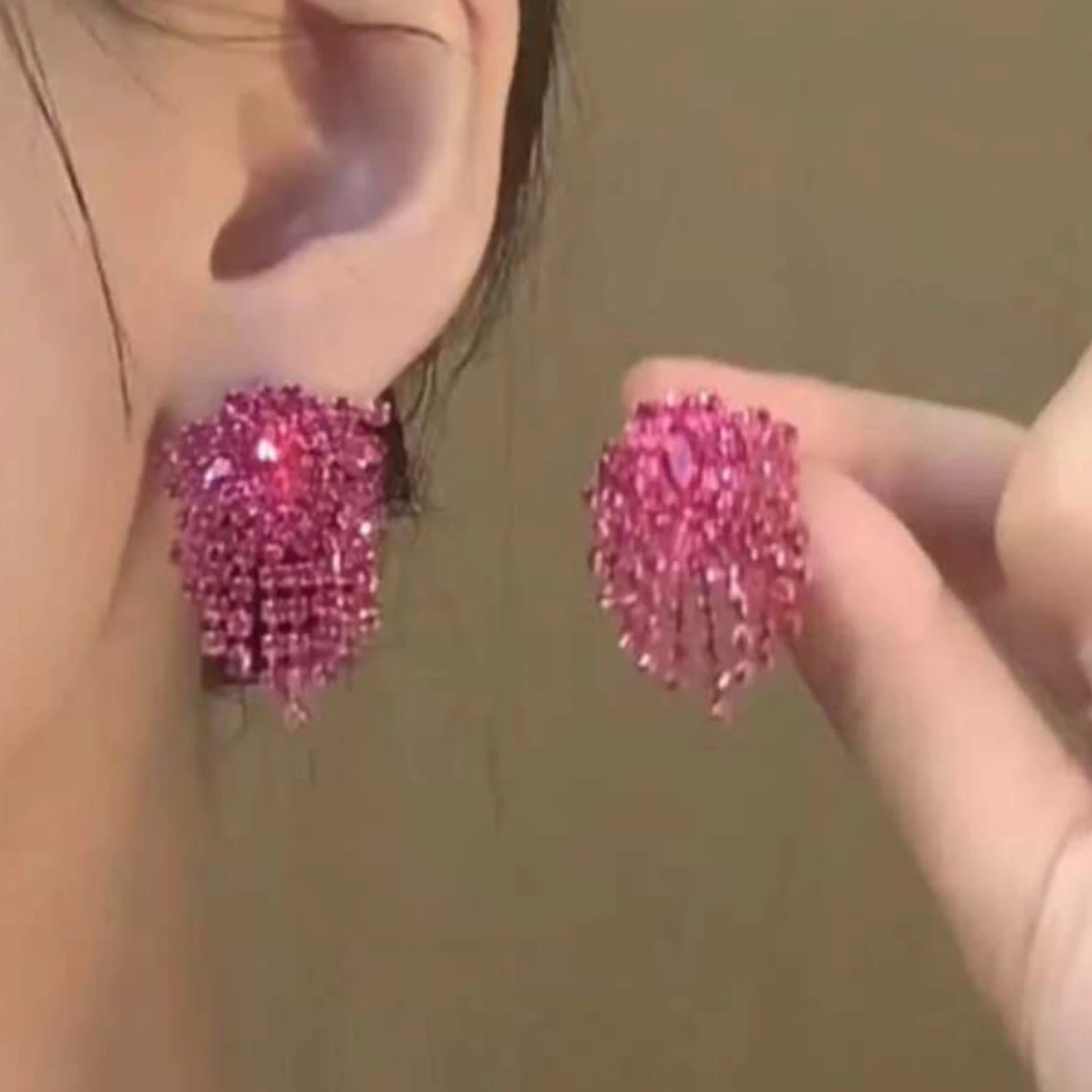 合金耳饰 紫红色水晶流苏耳环气质轻奢甜美小清新耳饰新款耳钉