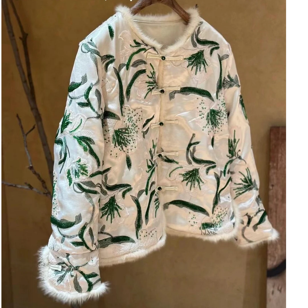 长袖圆领刺绣拼水貂毛复古女士外套棉服盘扣冬季立领棉衣中国风