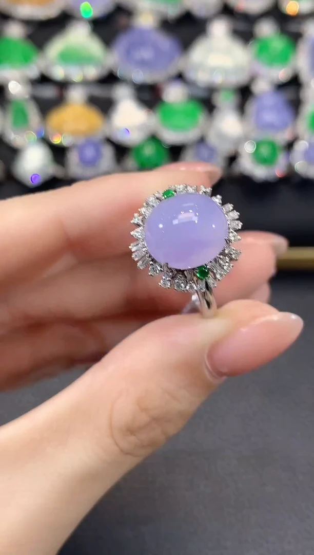 18K金镶嵌戒指翡翠C43翡翠紫货有一定色差