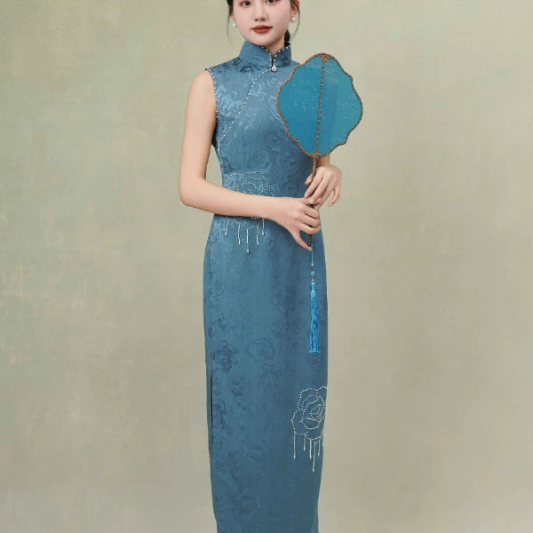 千帆旗袍 玫瑰星辰 正绢金通钉珠设计款旗袍 港工版型有省修身