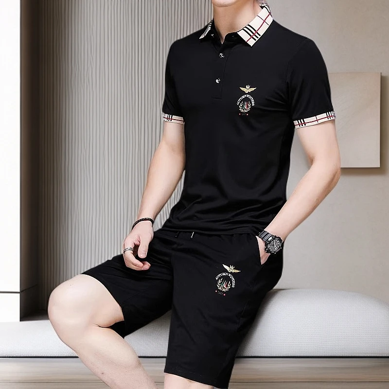 夏季桑蚕丝休闲运动套装男士短袖t恤潮男装冰丝名牌薄款时尚透气