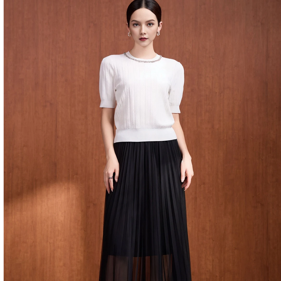 【盈盈专属】收腰显瘦圆领短袖修通勤百搭气质针织衫VDA056SWH0