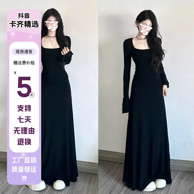 KQ5445早秋新款韩系高级感黑色长袖连衣裙秋冬女装御姐风修身长裙
