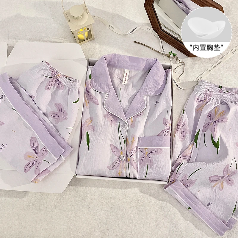 夏季带胸垫睡衣云朵泡泡纱国风花卉女士三件套家居服6209