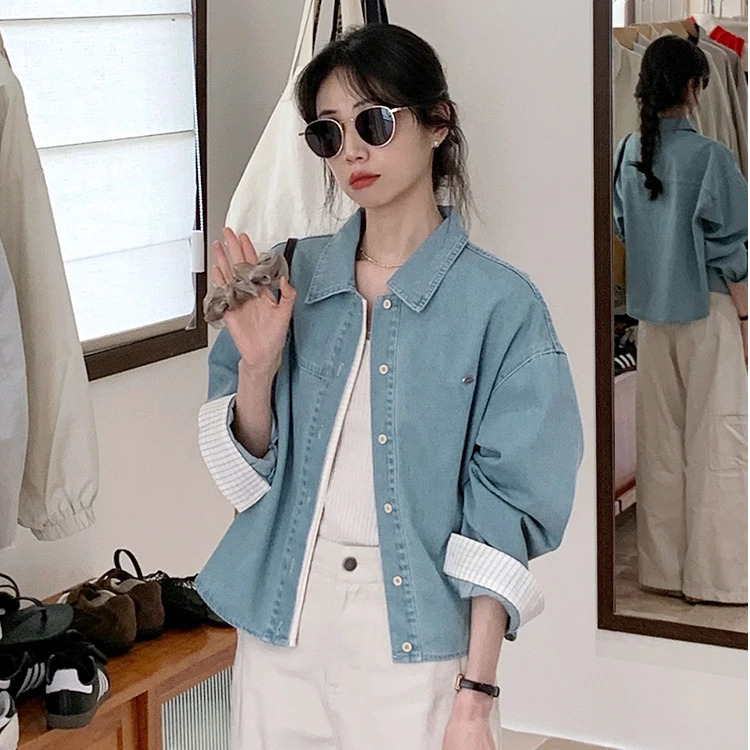 韩系浅蓝色柔软牛仔外套撞色边衬衫女2025春秋新款通勤轻薄短外套