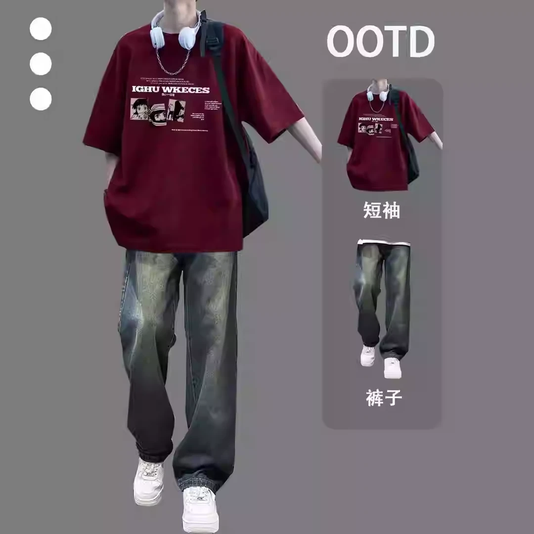 青少年短袖t恤男套装夏季休闲日常宽松穿搭时尚牛仔裤一整套衣服