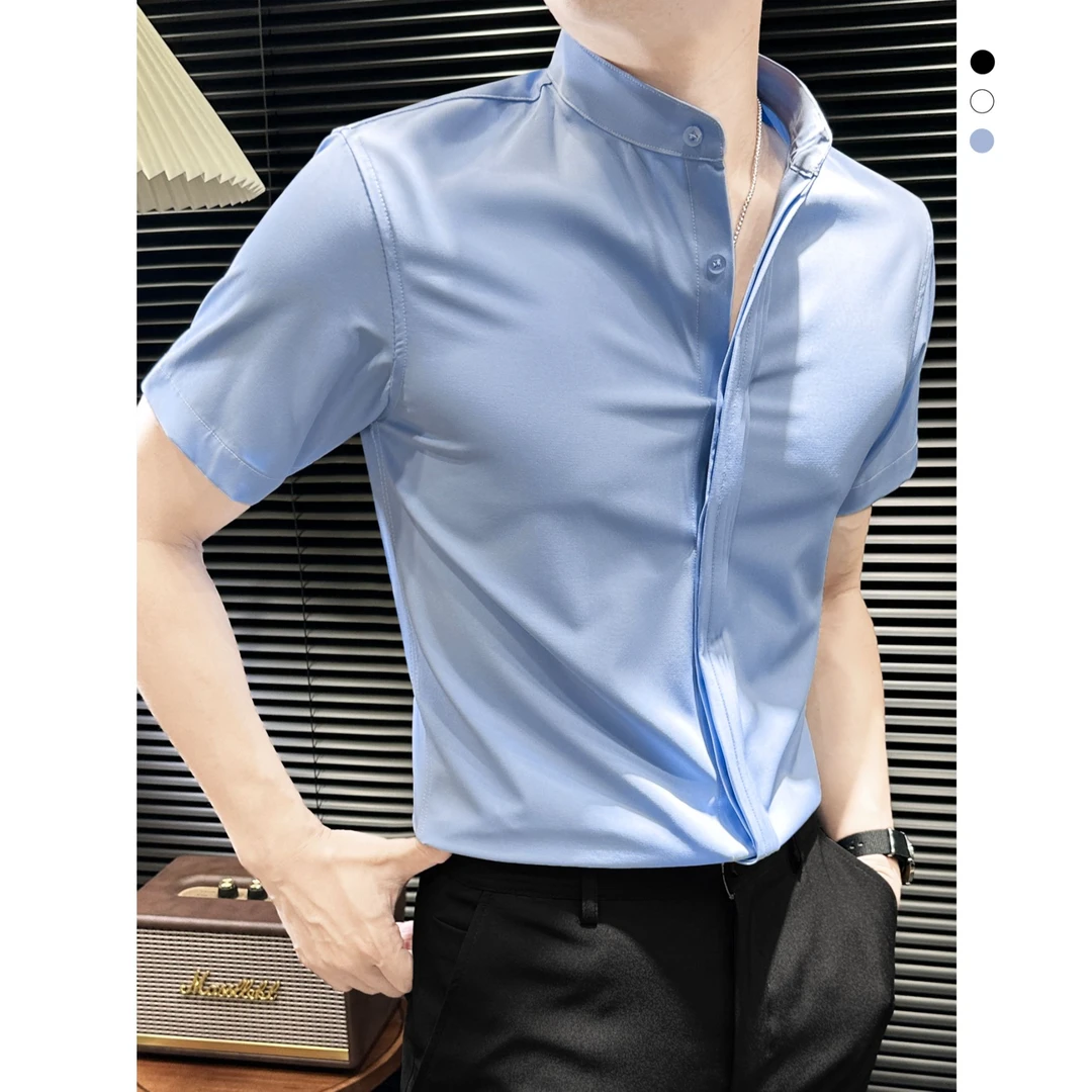 礼服衬衫男短袖气场强大高级感男装夏季薄款休闲塔士多立领衬衣男