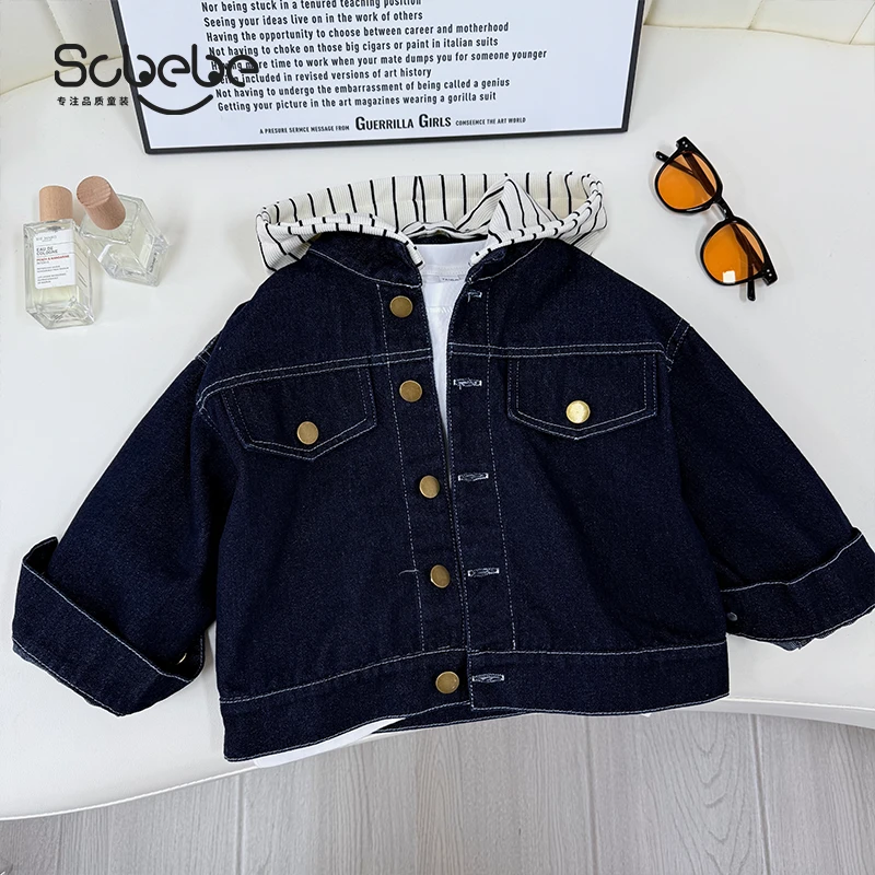 SCBEBE儿童时尚洋气2025春季新款假两件条纹帽子牛仔外套AW852