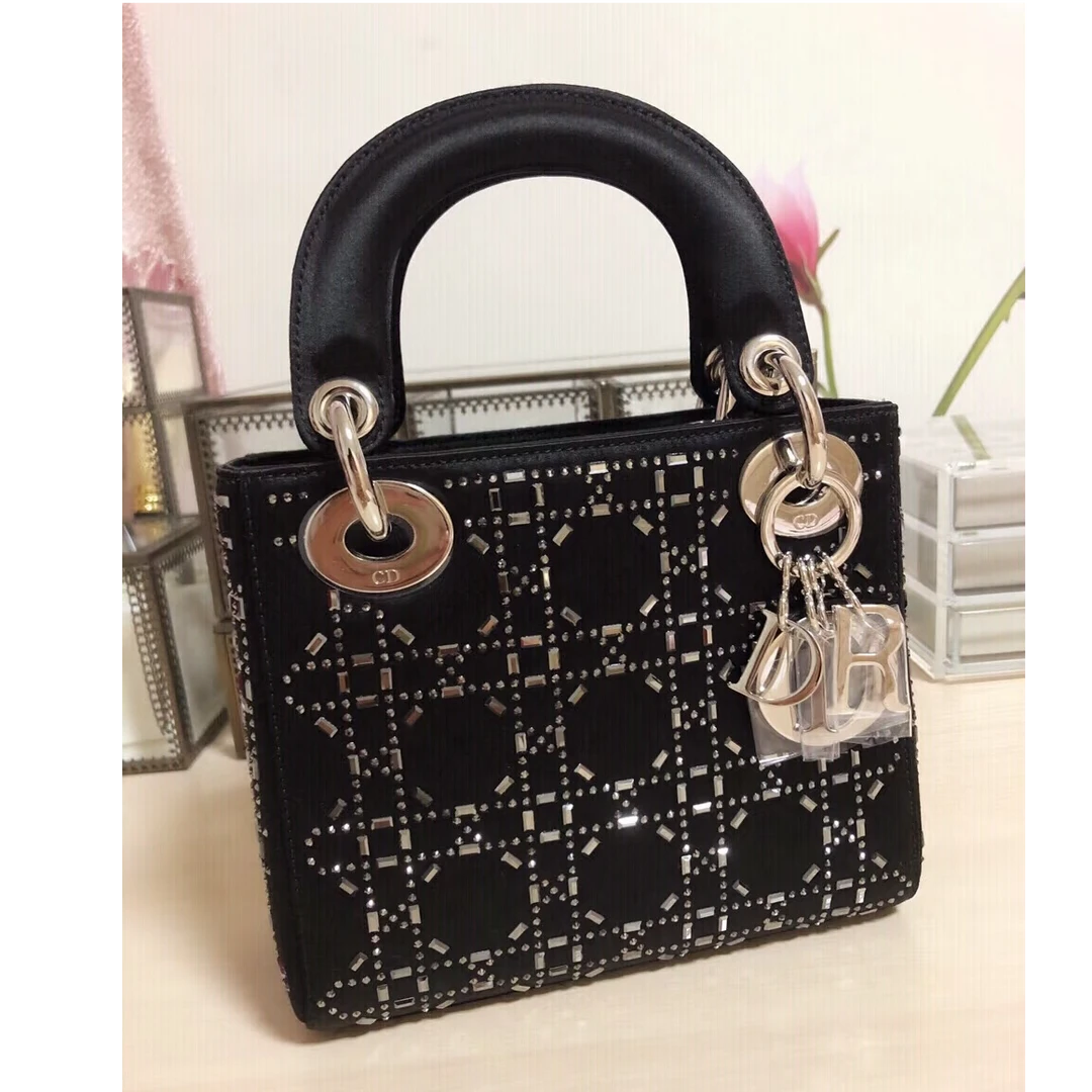 99新 DIOR/迪奥 【活动黑黑】戴妃包 三格 黑色缎面 手袋