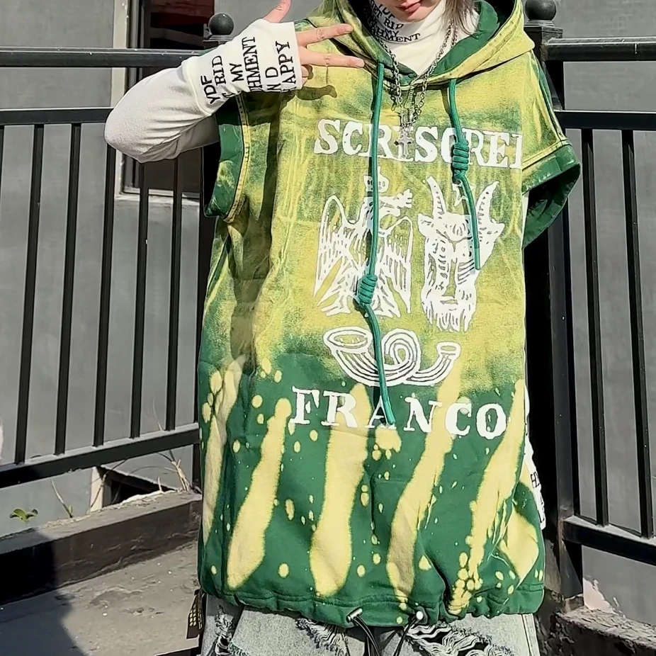 美式重工艺不规则酸洗撞色拉链结构分割设计款马甲