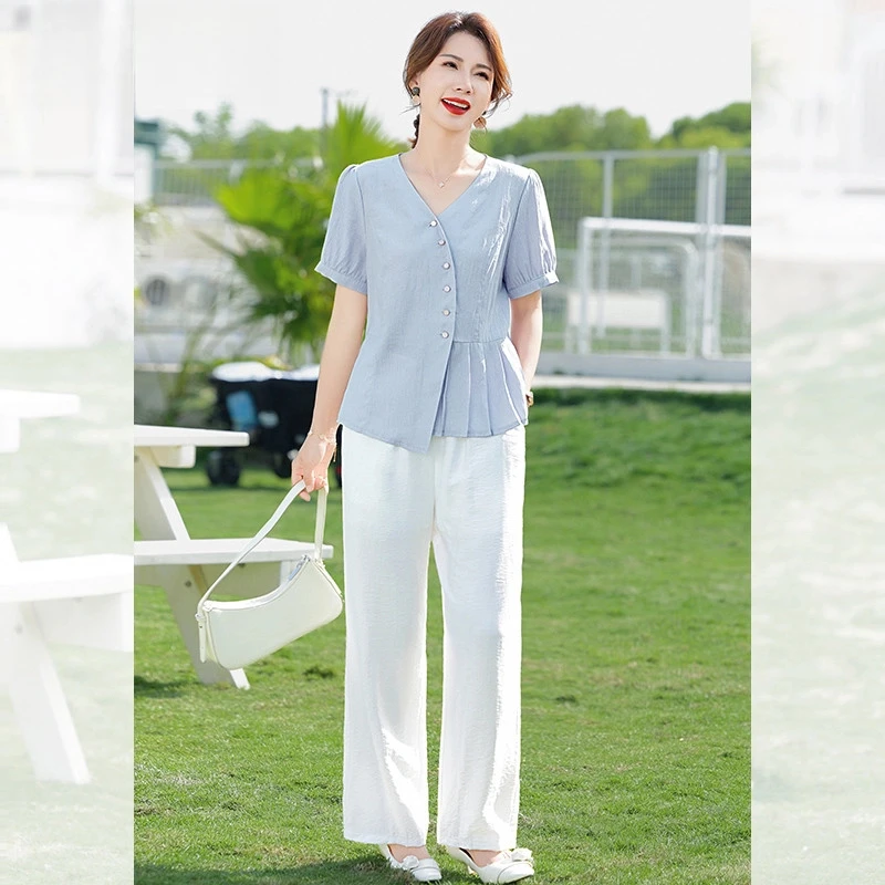 妈妈夏装套装短袖时尚T恤2025新款40岁50中老年女端庄大气两件套