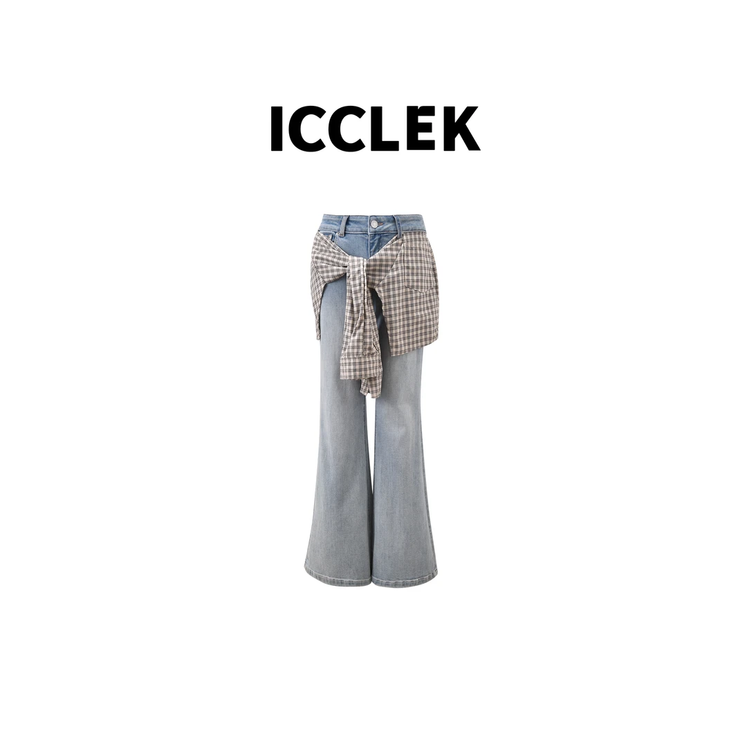 ICCLEK 浅色丝巾高腰阔腿牛仔裤气质百搭休闲宽松显瘦裤子 - 1700