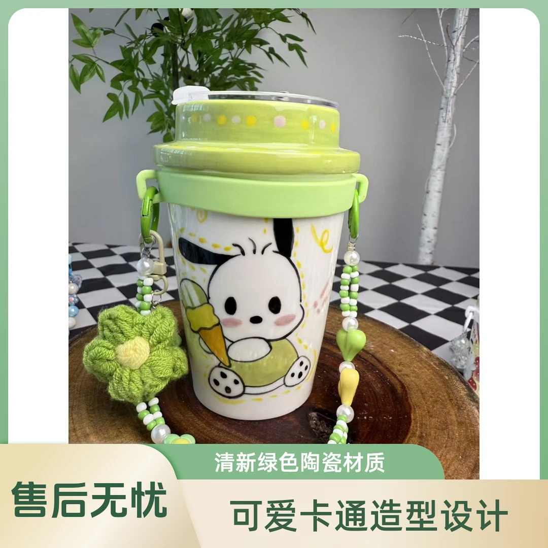 景德镇手绘高温釉下彩 绿色史努比吸管随行杯420ml A051