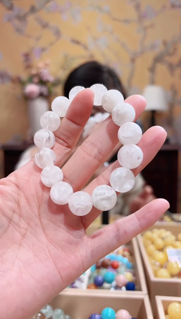 未镶嵌手串水晶，13.1咪白雪花幽灵水晶，天然晶体结构