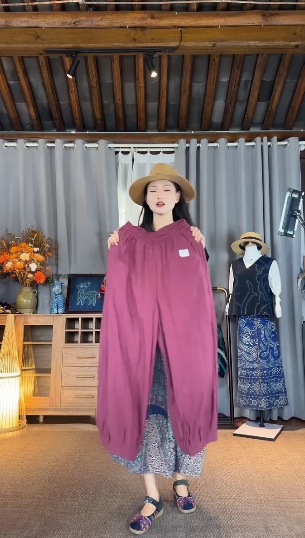 设计师款紫色亚麻束口裤