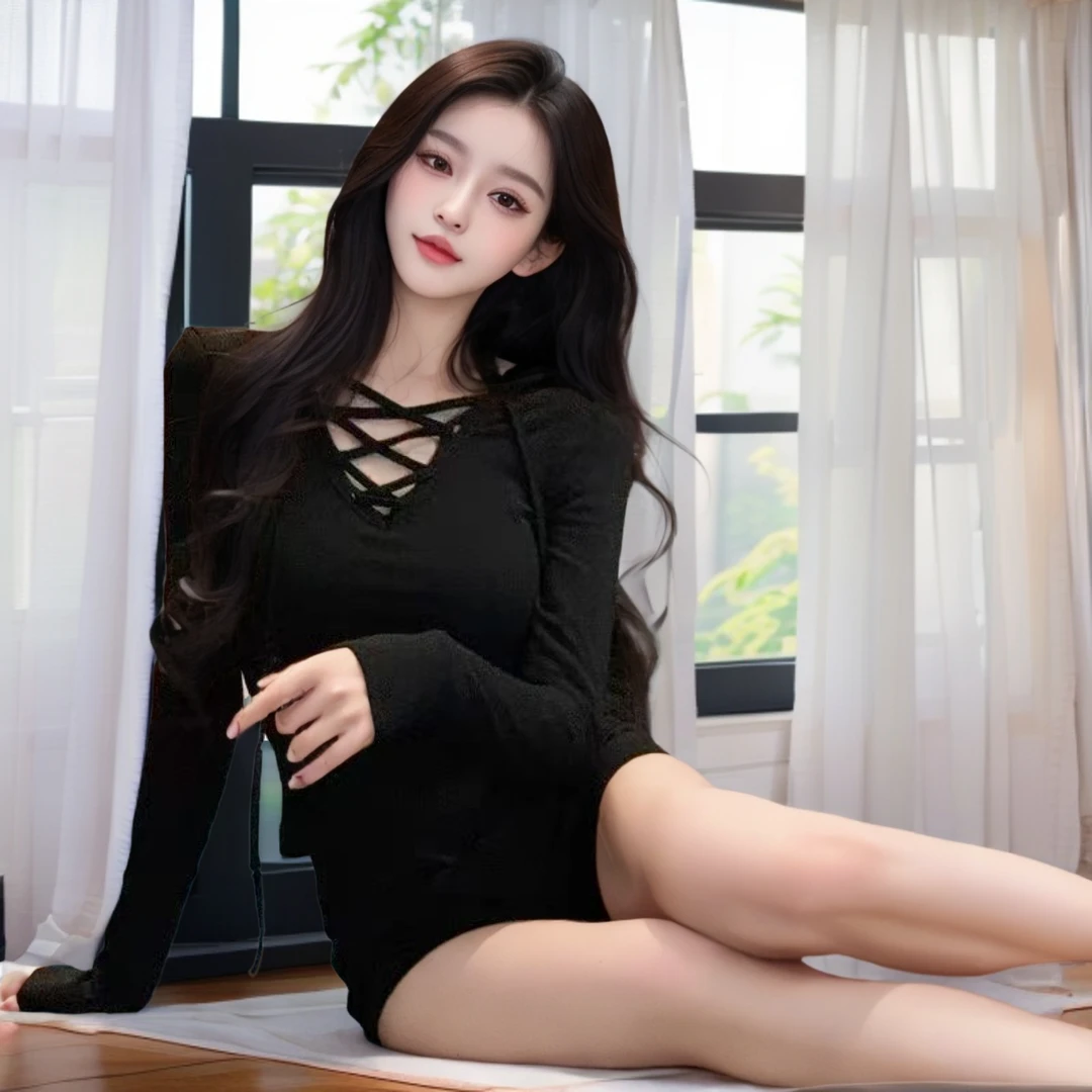 炮炮家《晨雾百合》蝴蝶结蕾丝V领长袖打底上衣3505