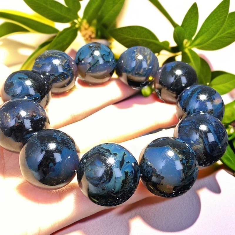 馆藏级特级缅甸纯天然特级原矿星际蓝琥珀满蓝超大咪20+手串男