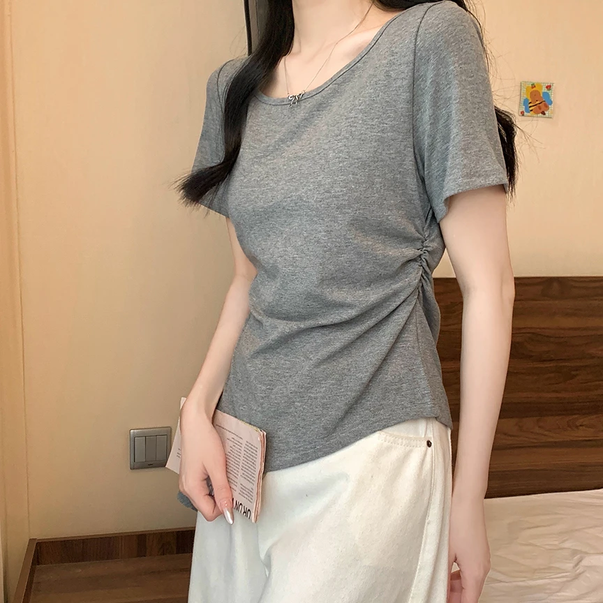 2025夏季新款夏装大码女荷叶边设计百搭收腰短袖正肩T恤显瘦上衣