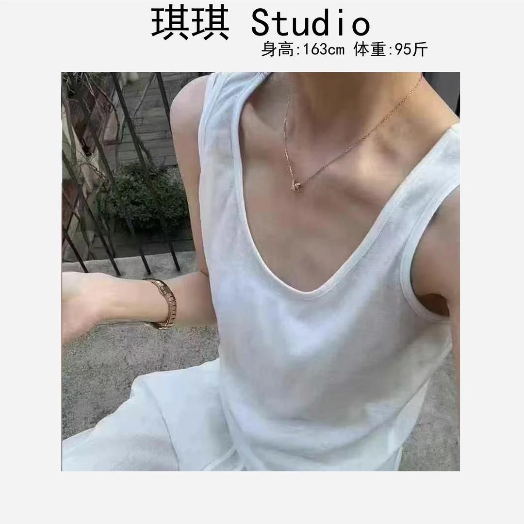 《琪琪家》春夏季新款舒适亲肤麻料宽肩带 V领雪花棉吊带背心2256-M