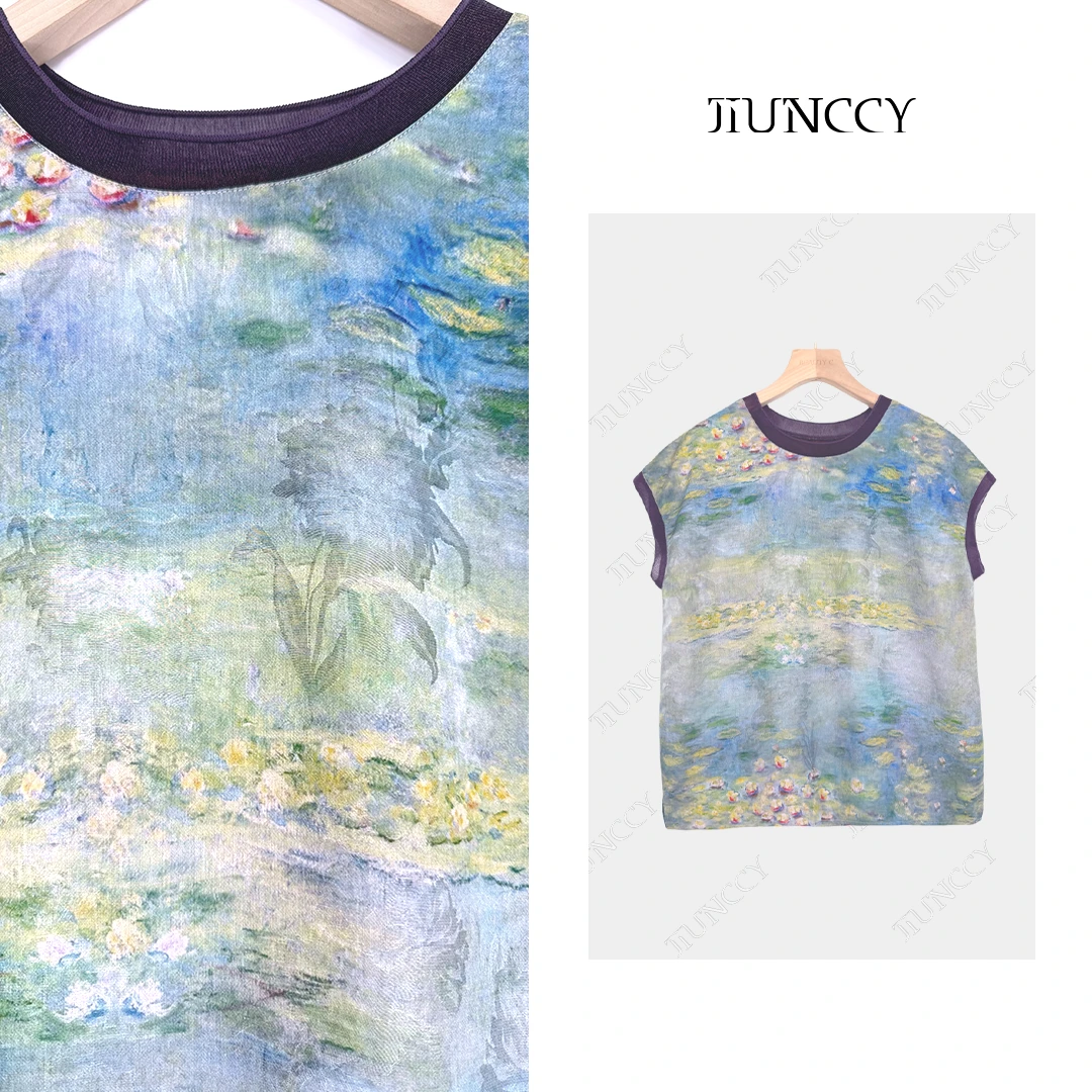 JIUNCCY【睡莲】油画艺术感领袖口拼欧根纱凉感连肩袖上衣 52YCY143