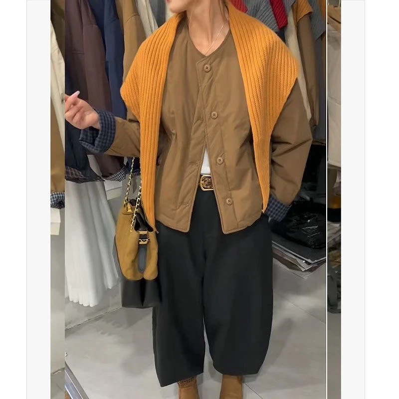 秋冬新款圆领拼接二棉棉服外套女宽松显瘦时尚百搭
