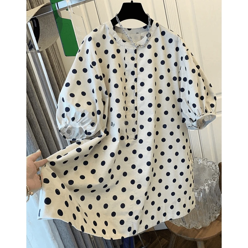 0494波点蝴蝶结泡泡袖休闲衬衫女法式设计感娃娃衫连衣裙子上衣薄