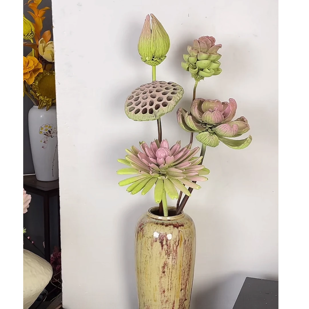 植物果手工花油画莲系列花束 落地玄关家居摆件（不含瓶）
