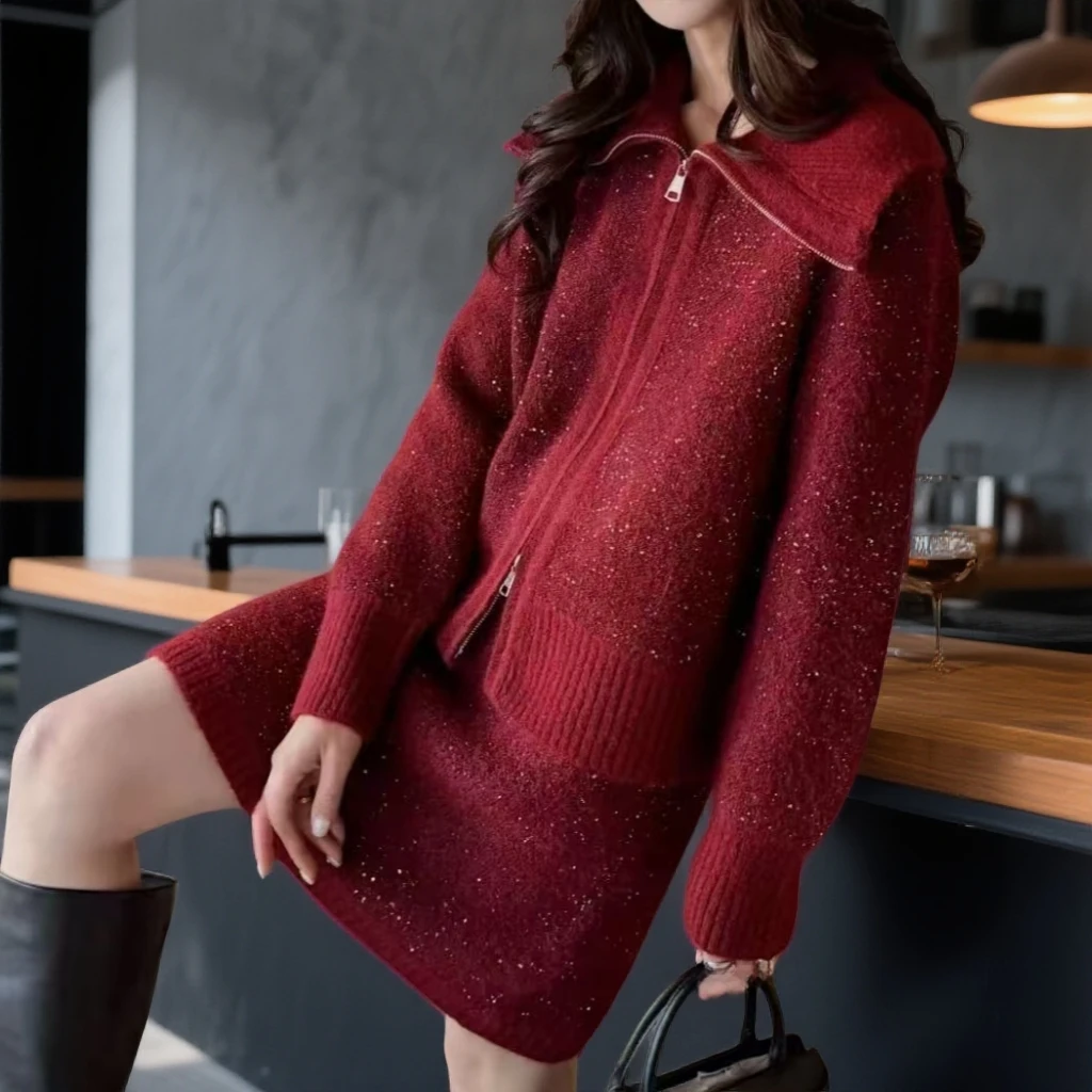 【2025新款】女装翻领拉链开衫针织衫毛衣+包臀短裙时尚两件套