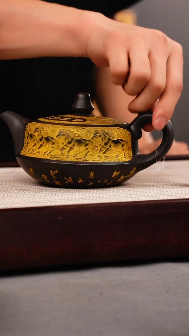 茶杯紫砂石黄 曲壶 八骏 描金