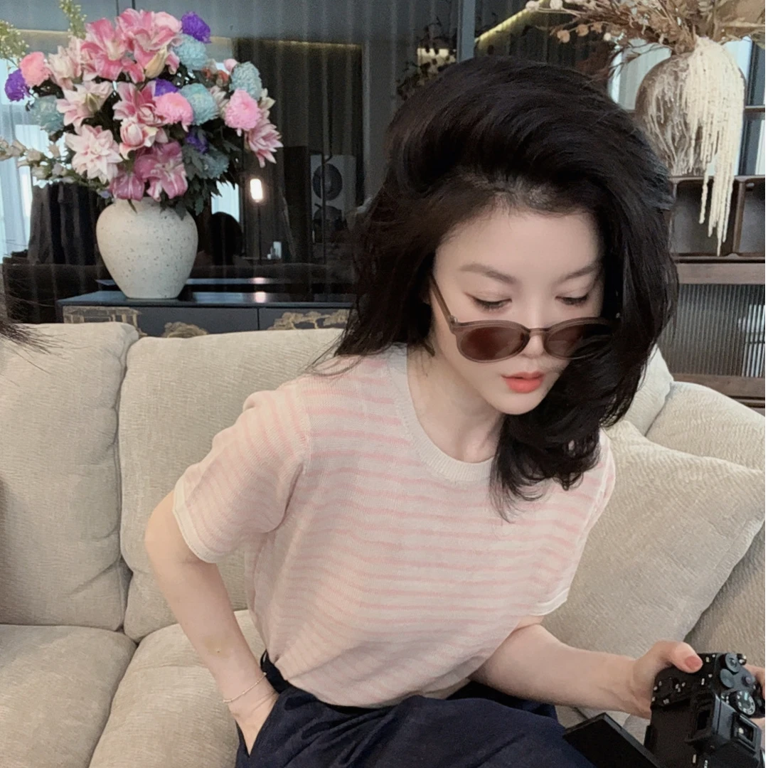 【悦悦专属】夏季多巴胺撞色条纹显瘦短袖针织衫Y283