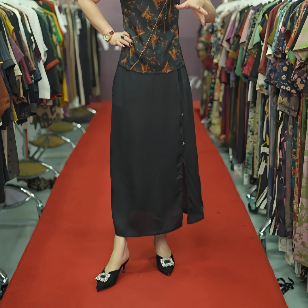 2776 新款新中式国风黑色裙显瘦开叉半身裙