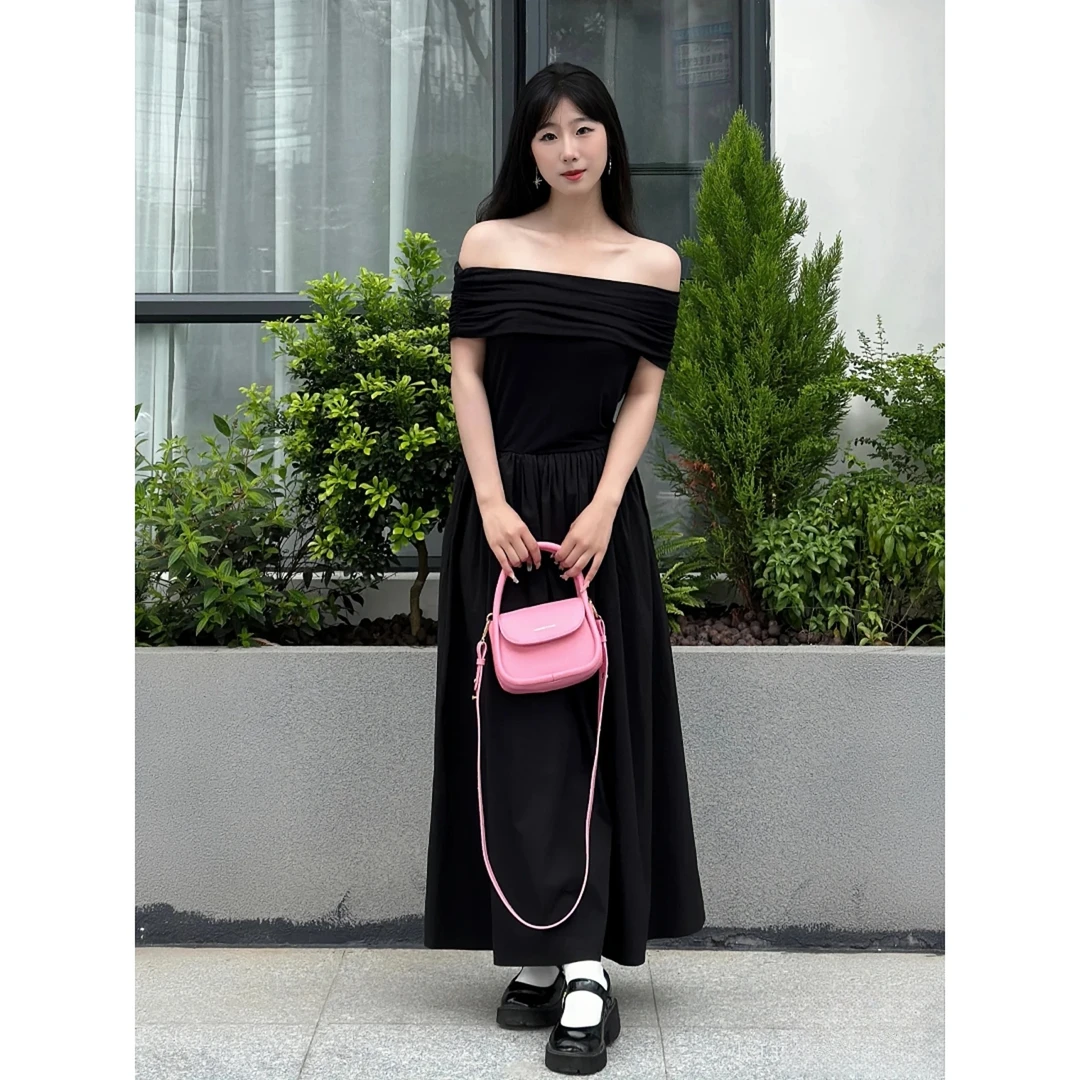 黑色绝美一字肩连衣裙女高级感2025新款夏季裙子法式性感收腰长裙