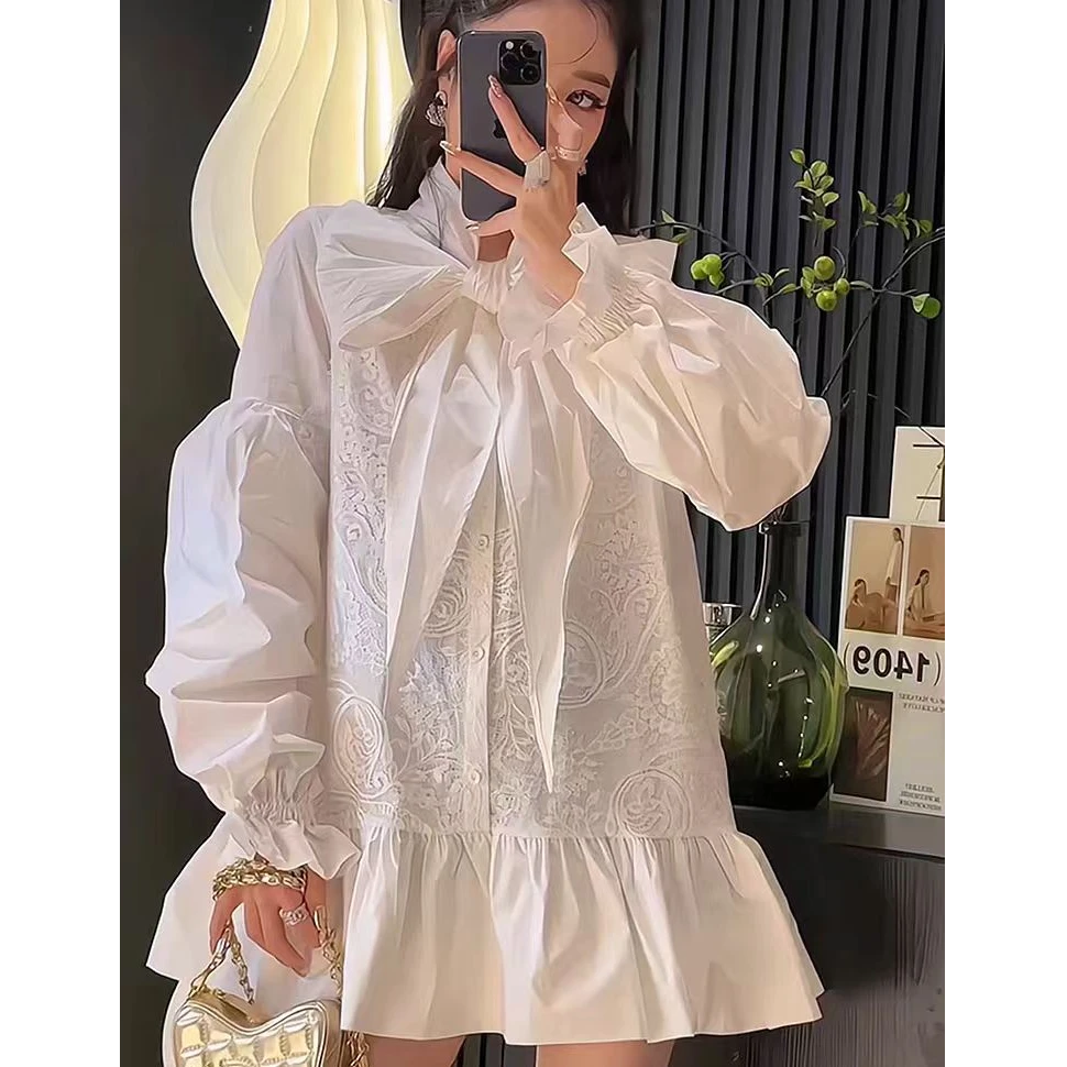 5656春季新款韩版气质系带蝴蝶结韩版蕾丝拼接宽松衬衫连衣裙女潮