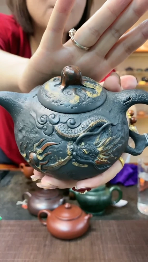 【闪购商品】紫砂茶壶天青泥花器游龙戏珠供春