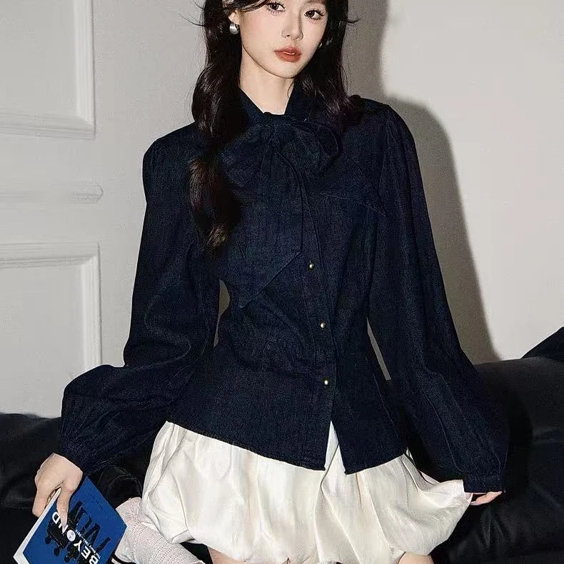 2025早春法式绝美气质减龄蝴蝶结牛仔衬衫女＋泡泡短裙