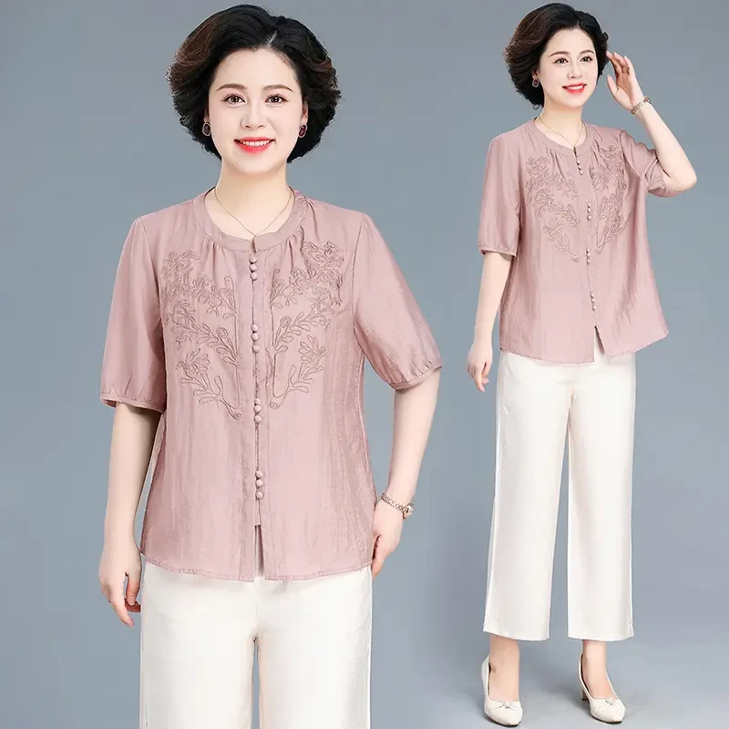 妈妈夏装新中式国风套装时尚减龄中老年女夏季短袖上衣小衫薄款