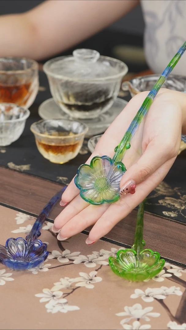 手工艺品琉璃蓝绿色花勺茶匙