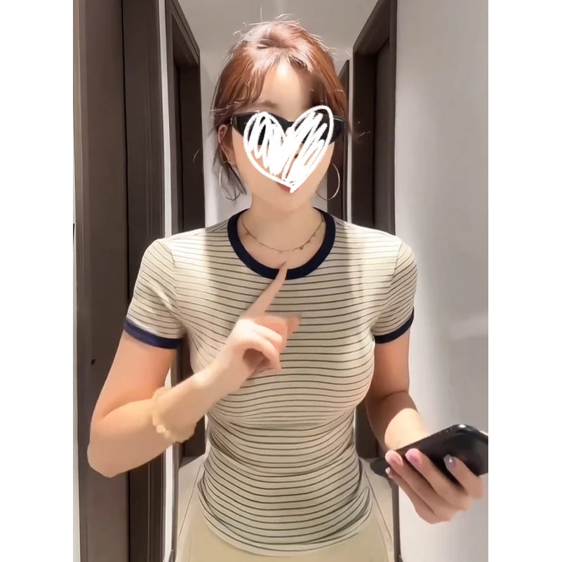 YB1:1定制 夏季新款韩版条纹圆领拼接设计感短袖修身显瘦百搭T恤