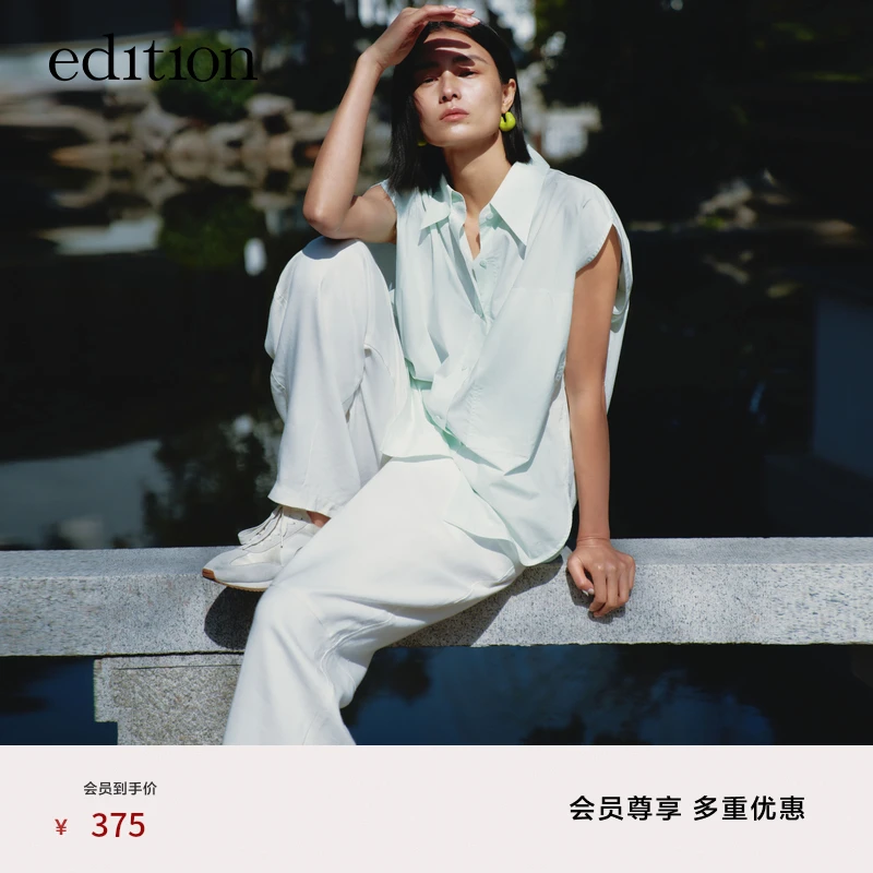 edition夏季时尚休闲长绒棉无袖衬衫女中性风圆弧衬衣#EBC2SHTT03