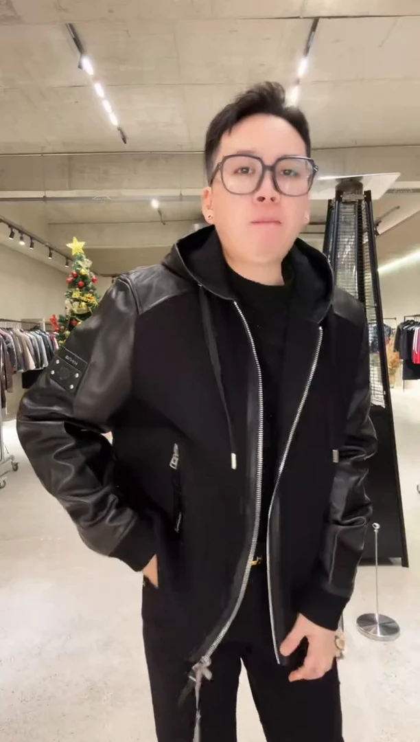 58码（185-200斤）男士真皮拼接连帽棉夹克9023