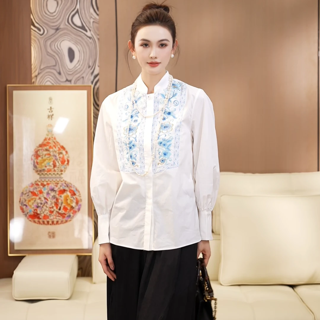 青花瓷重工刺绣绣花时尚百搭白色新中式长袖衬衫