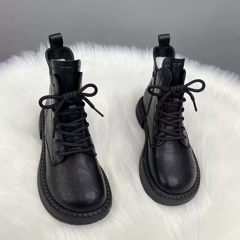 美拉德时尚马丁靴女英伦风2025秋冬新款防滑粗跟加绒软皮厚底短靴