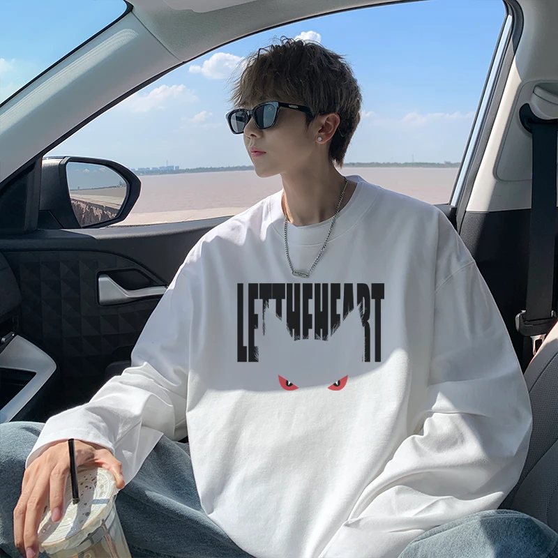 纯棉长袖T恤秋季新款圆领宽松男士休闲百搭潮流港风印花上衣韩版