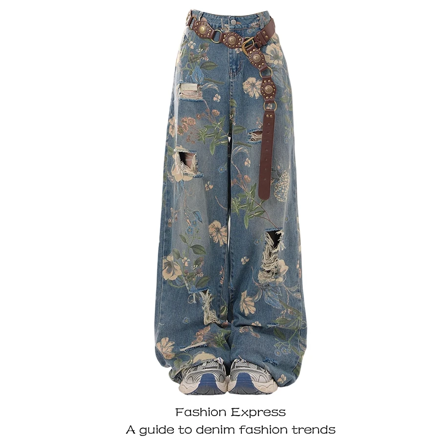 国潮美式花卉碎花印花破洞牛仔裤女秋爆款2025新款高腰宽松拖地裤