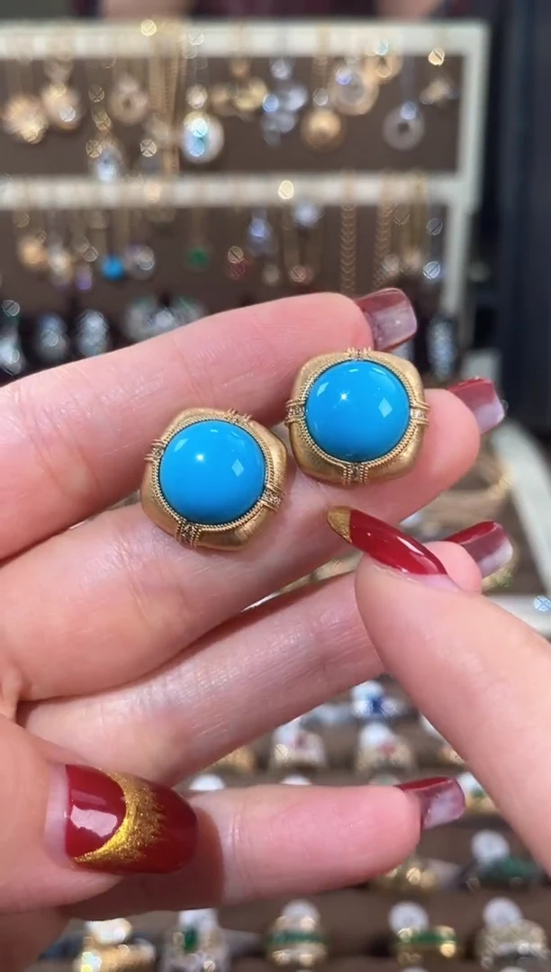 【闪购商品】绿松石耳饰18K金镶嵌 18K金绿松钻石拉丝耳钉