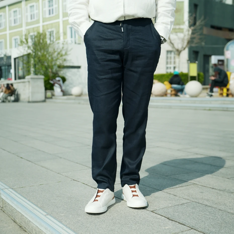 夏季新款男士亚麻混纺休闲裤宽松直筒裤薄款透气裤子 25903